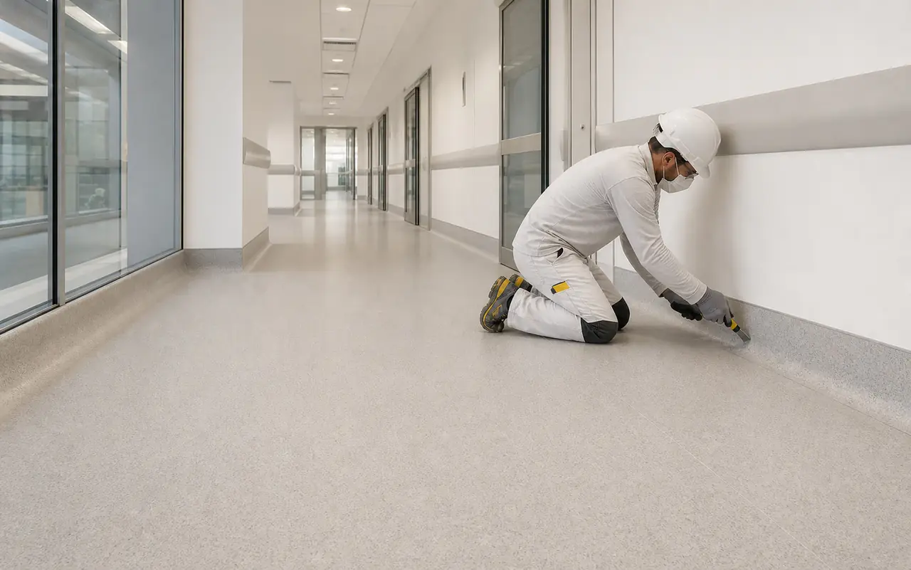 Instalación de revestimiento vinílico sanitario con zócalo curvo